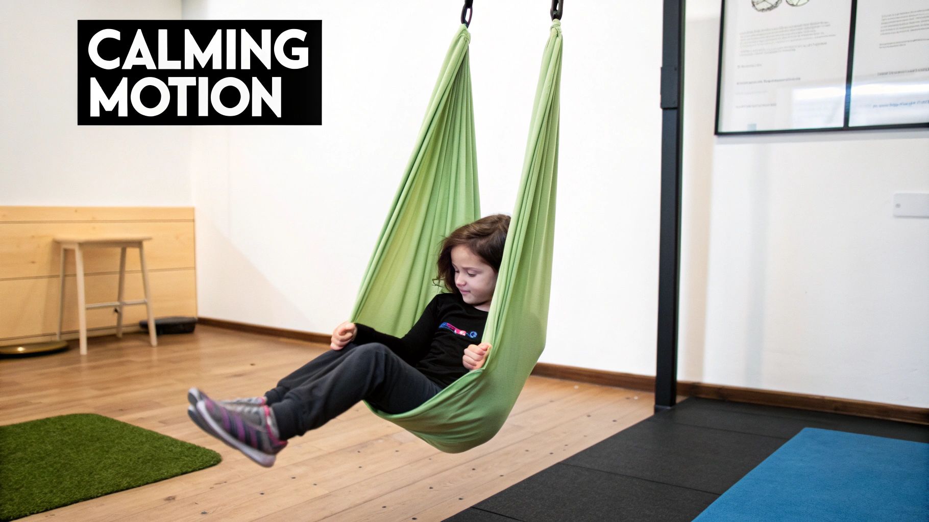 A young girl with dark hair sits relaxed in a light green sensory swing, looking down.