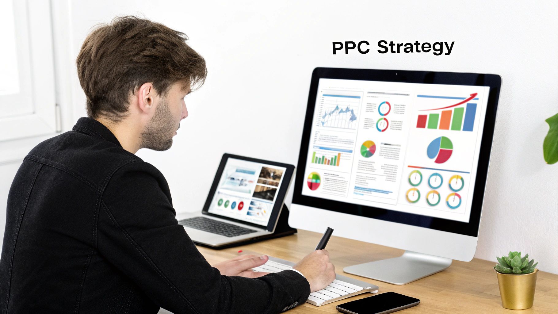 A digital marketing team collaborating on a PPC campaign strategy