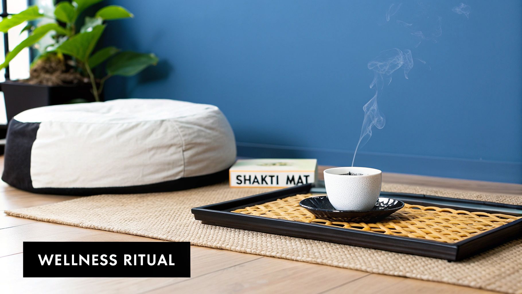 Steaming tea cup, Shakti Mat book, and cushion on a natural rug, promoting a wellness ritual.