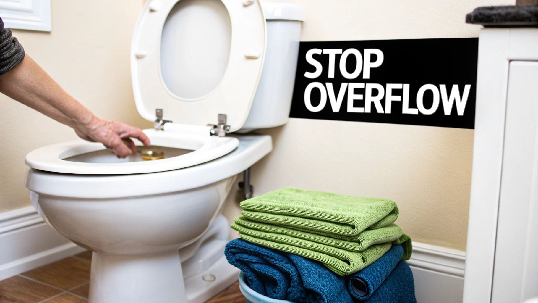 A hand reaches into a toilet bowl to prevent an overflow, with a 'STOP OVERFLOW' sign on the wall.