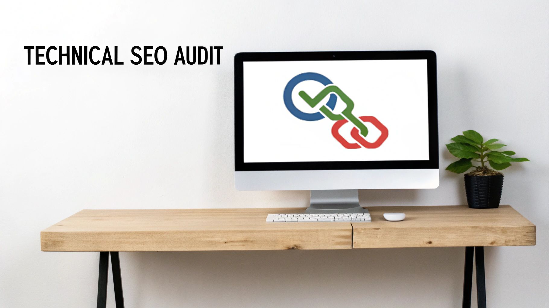 Minimalist workspace featuring a computer with a link logo and 'TECHNICAL SEO AUDIT' text on the wall.