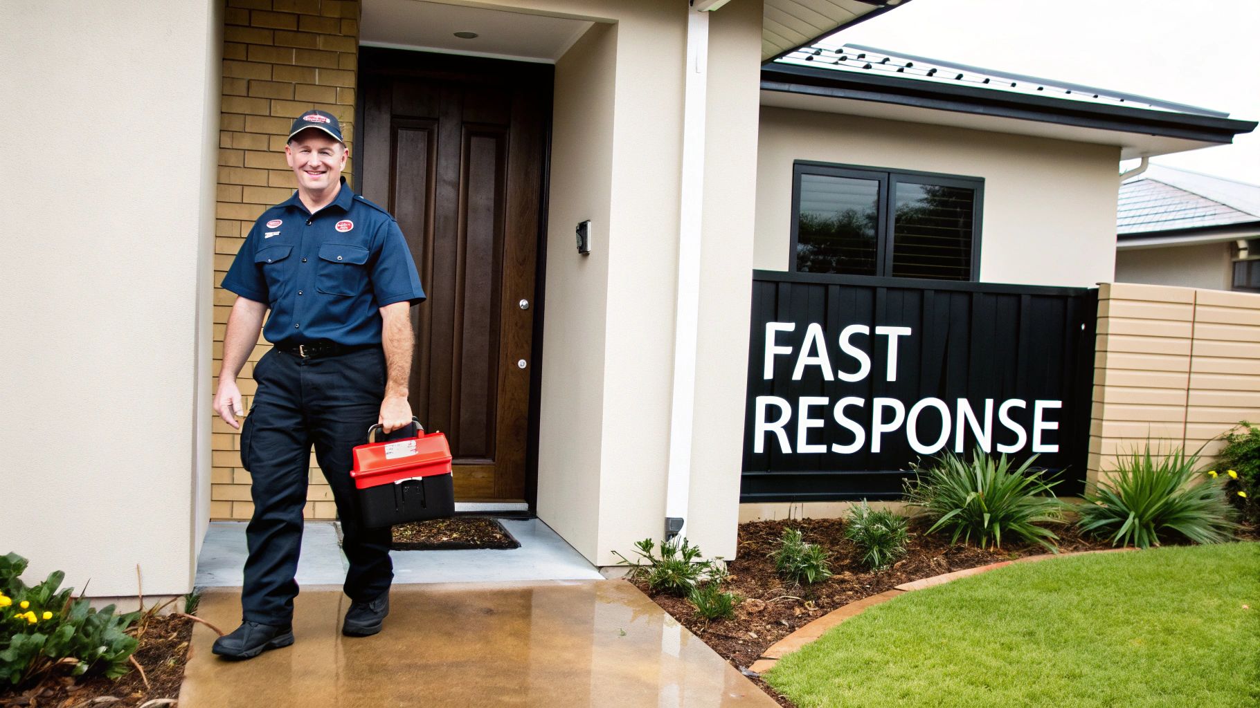 Smiling male technician in blue uniform holding a toolbox outside a house with 'FAST RESPONSE' sign.