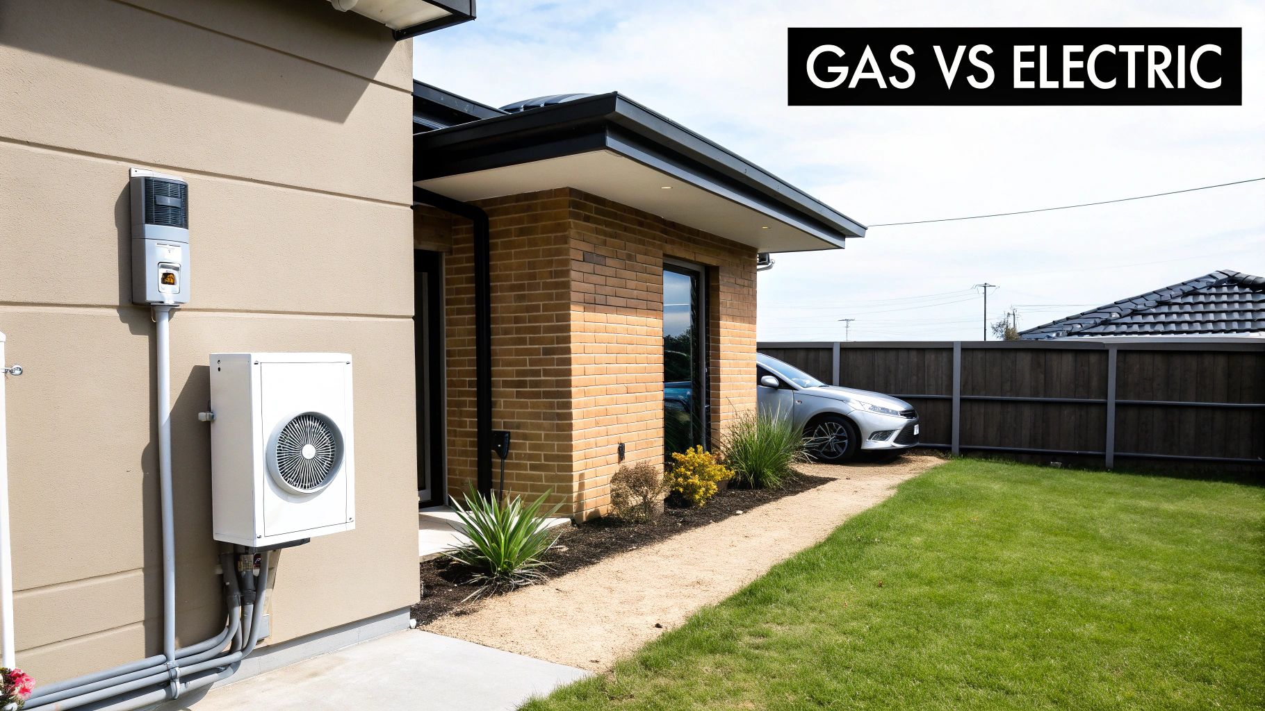 An outdoor heat pump and electric meter on the side of a modern house, comparing gas vs electric.