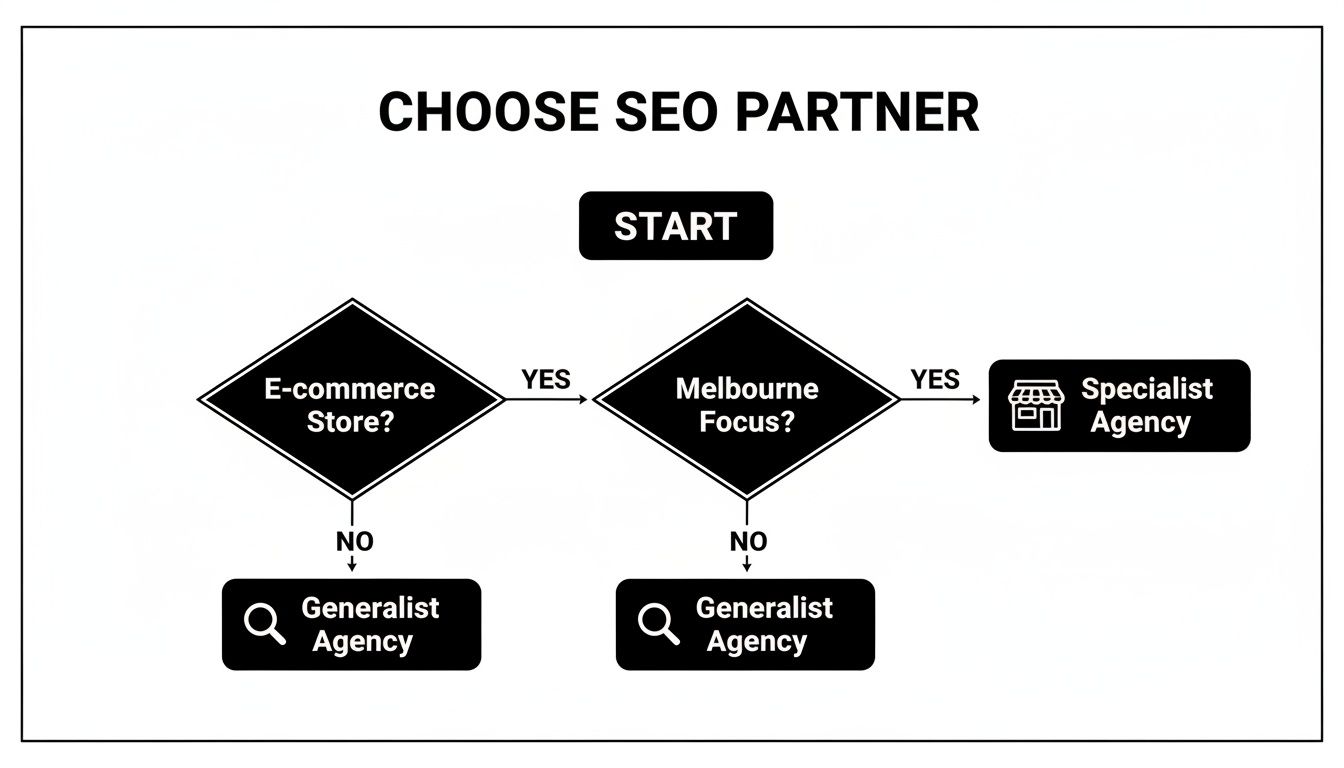 Flowchart illustrating the decision process to choose an SEO partner based on e-commerce and Melbourne focus.