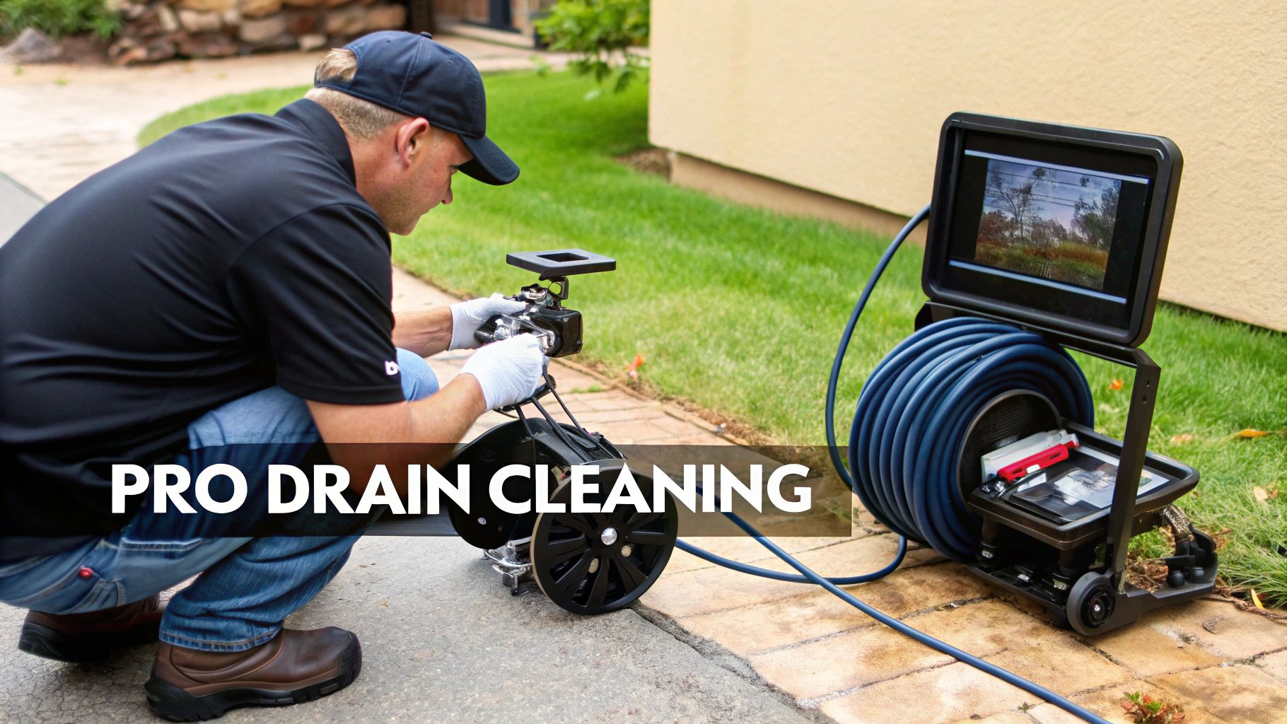 A professional plumber in a black shirt and cap operates a drain inspection camera system with a monitor outdoors.
