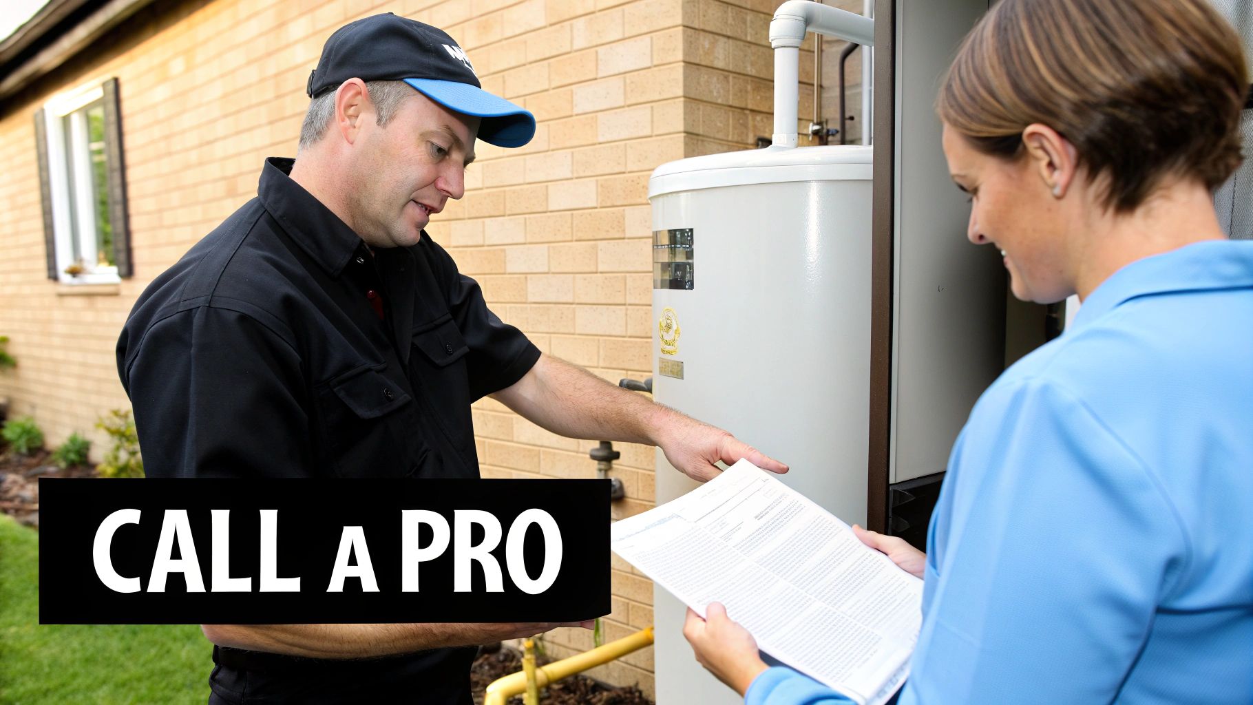 Plumbing technician explains water heater service details to a smiling female customer.