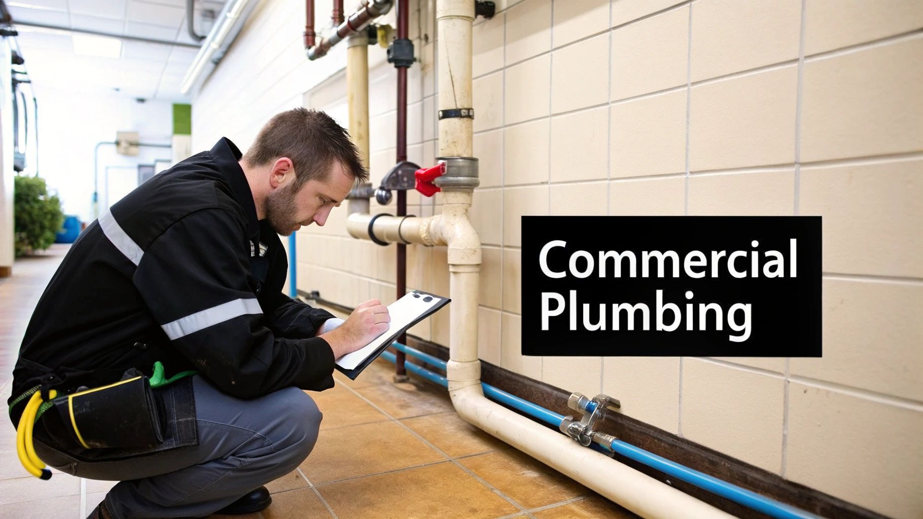 A plumber in work uniform inspects commercial plumbing pipes and takes notes on a clipboard.