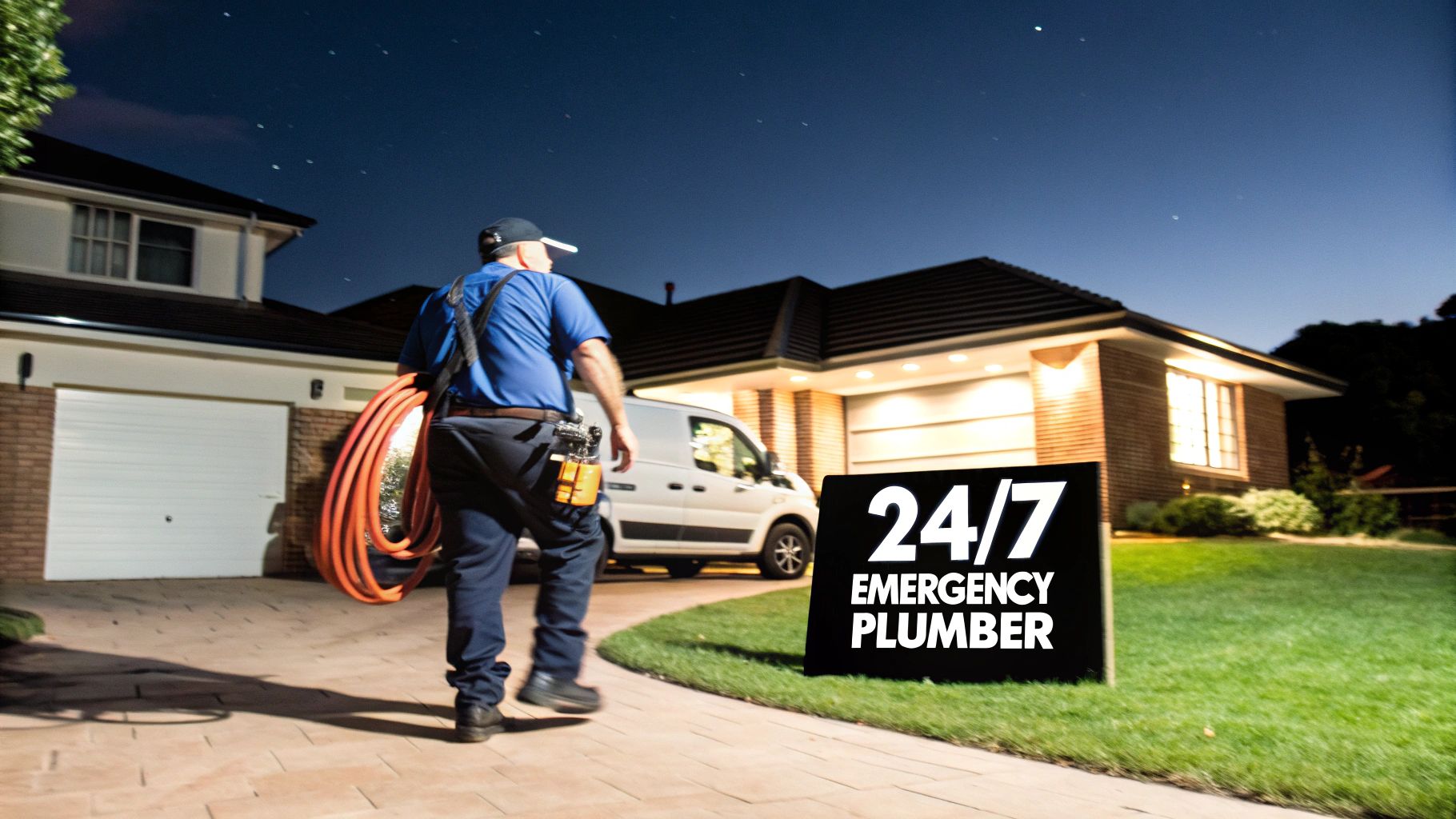 A male plumber carrying a hose walks towards a well-lit house at night.