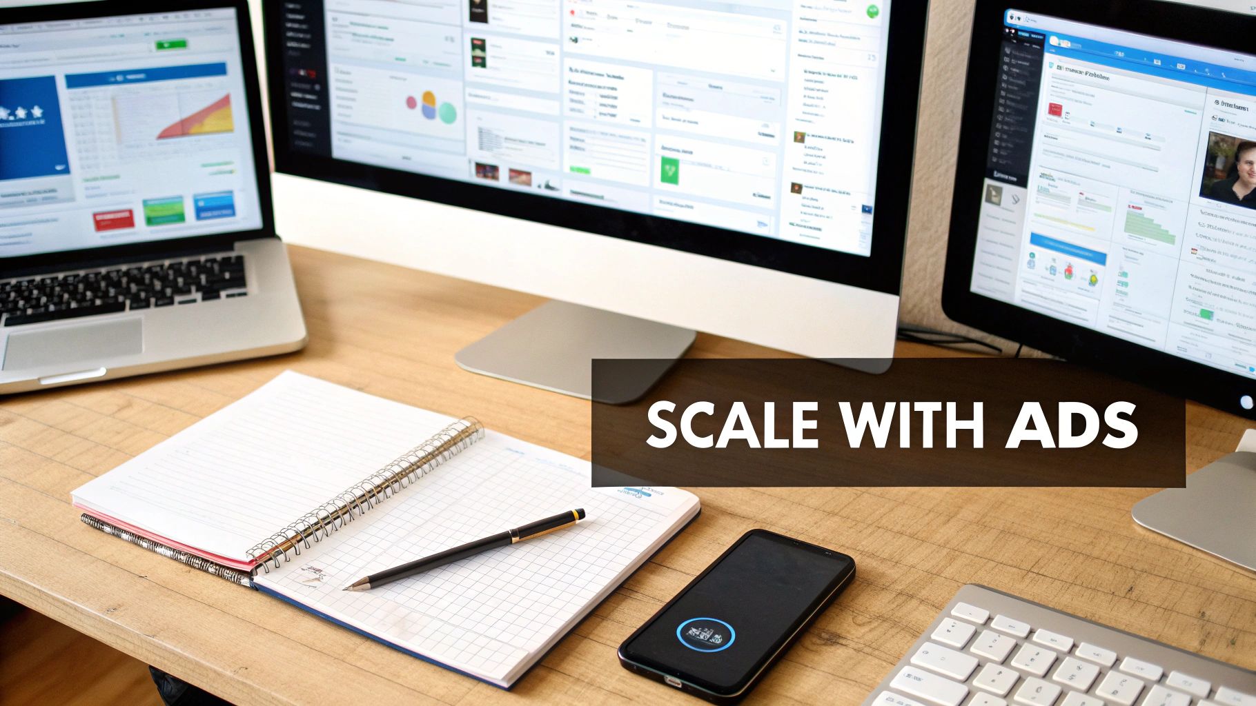 A modern desk with multiple computer screens displaying business analytics and charts, a laptop, notebook, and smartphone, illustrating digital marketing.