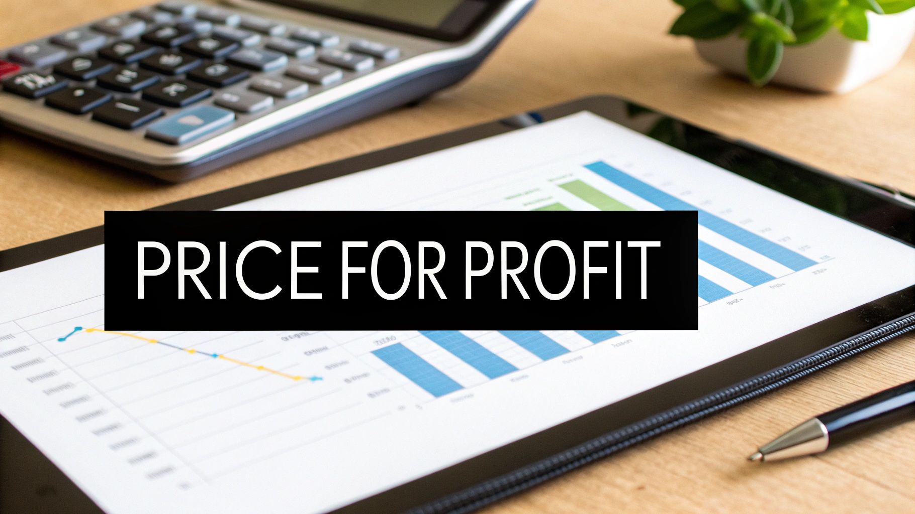 A black banner with white text 'PRICE FOR PROFIT' over business charts on a tablet, calculator, and pen.