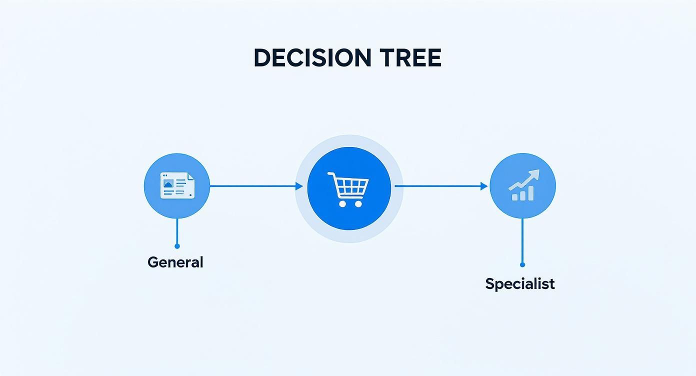 A decision tree diagram showing a flow from 'General' documents, through a shopping cart, to 'Specialist' analytics.
