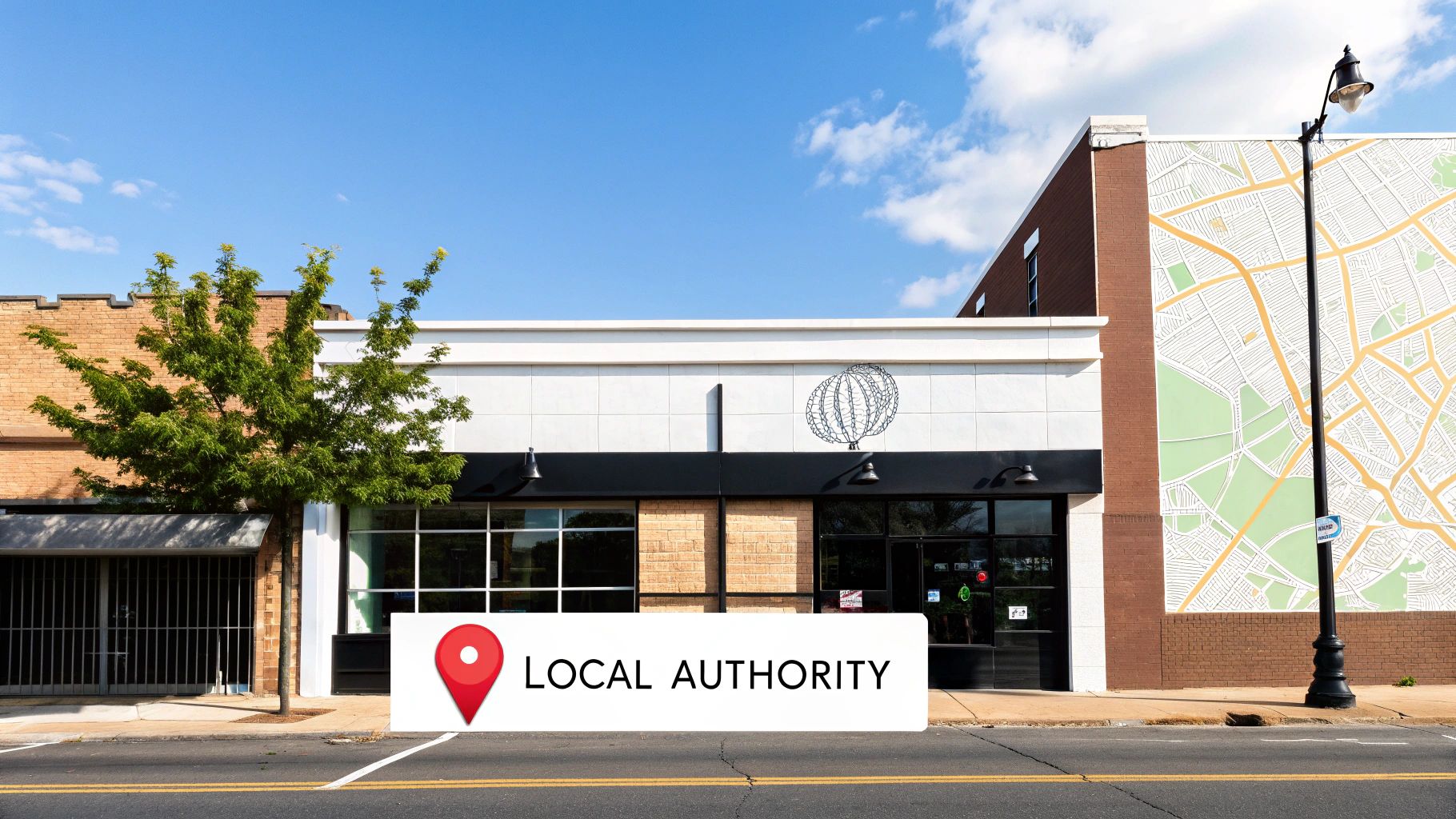 A bright street view of a building with a 'LOCAL AUTHORITY' sign and a colorful city map mural.