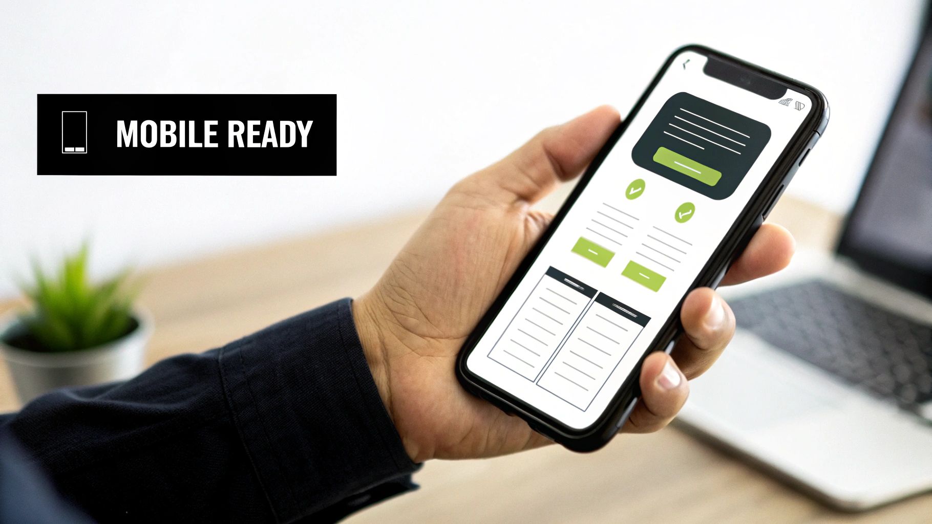 A hand holds a smartphone displaying a mobile-ready interface with green elements and checks.