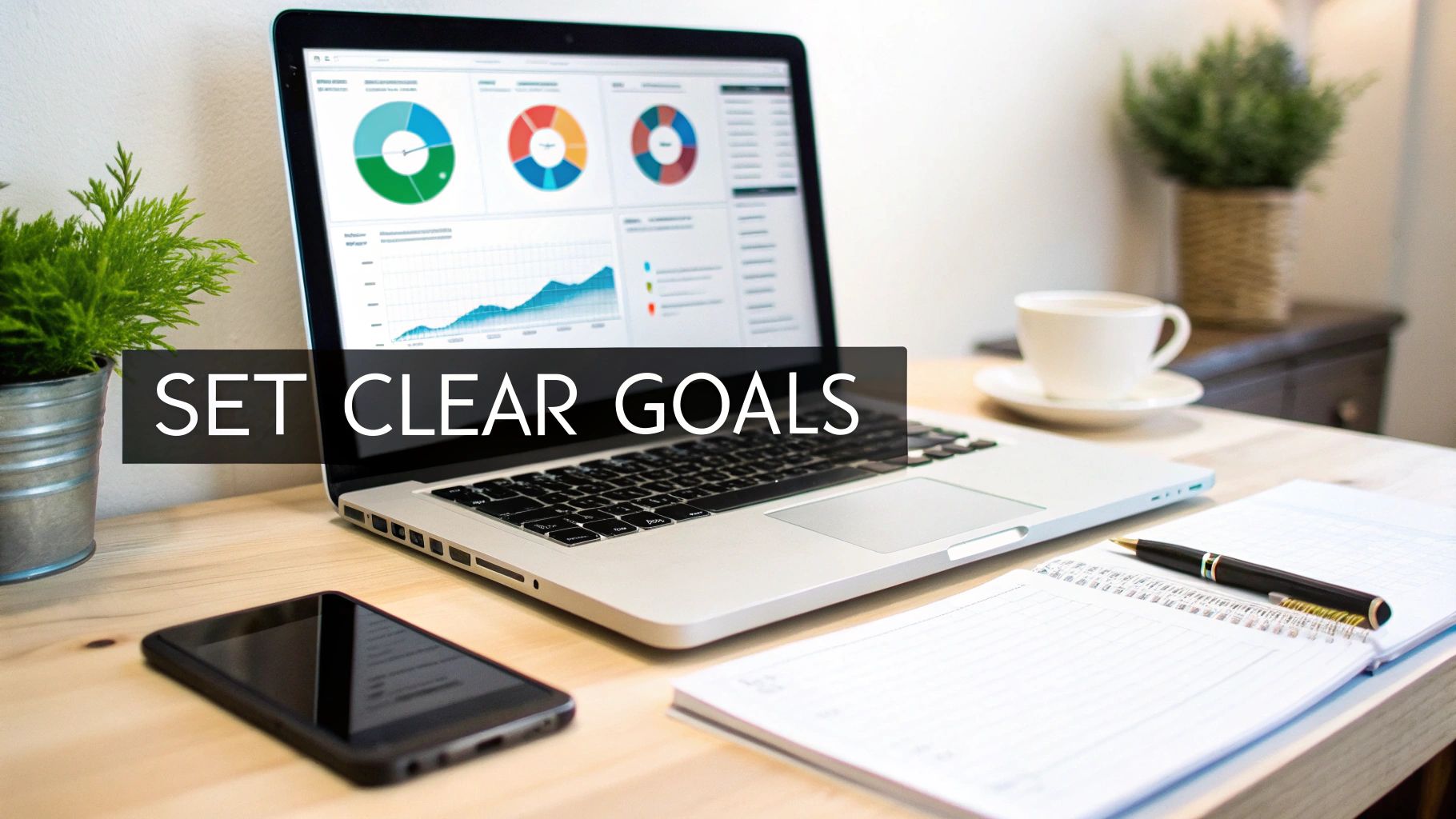 A modern workspace with a laptop displaying charts, a smartphone, notebook, and coffee, with 'SET CLEAR GOALS' text.