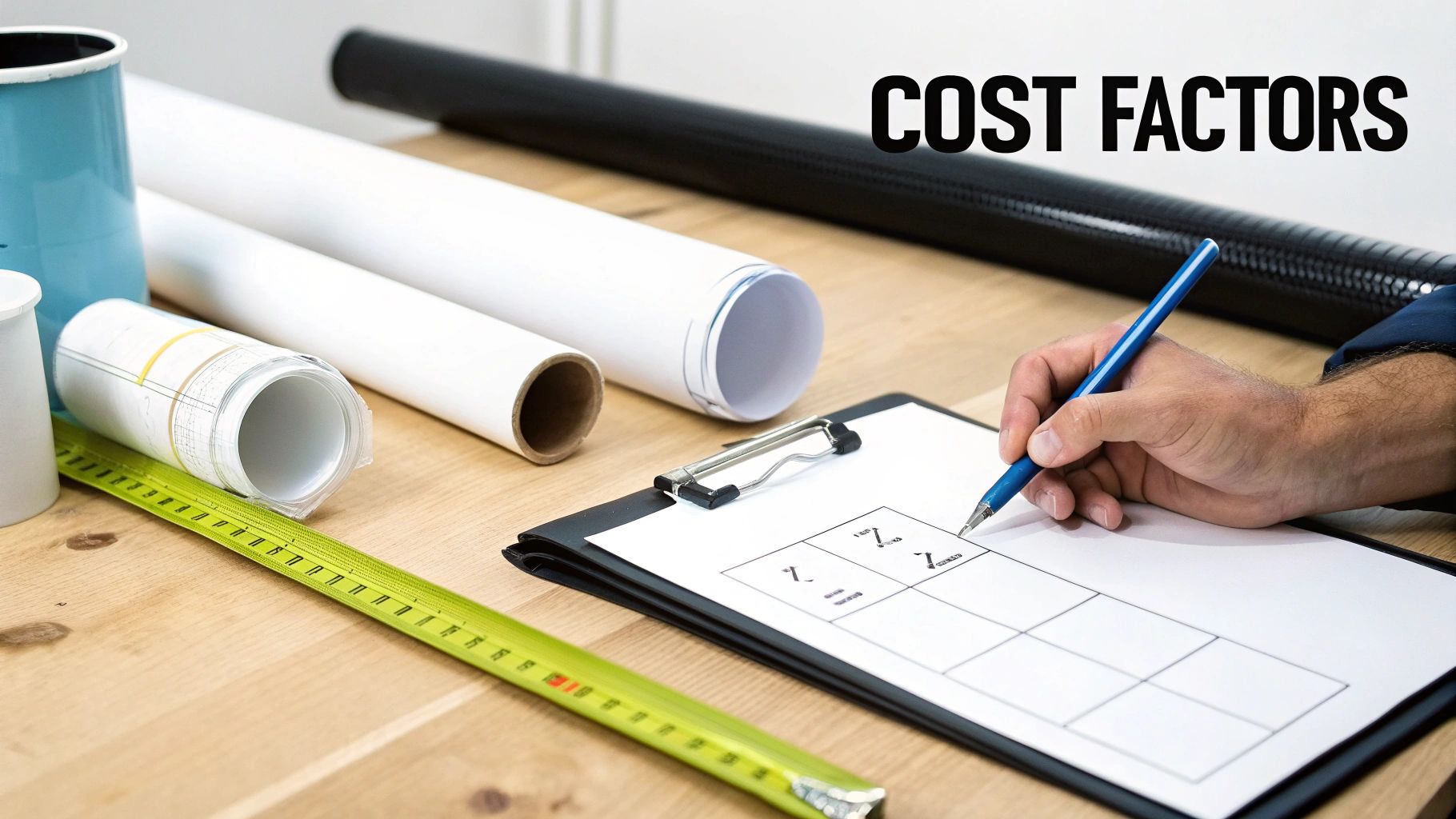 A person is writing on a clipboard with a pen, surrounded by construction plans, measuring tape, and pipes, highlighting cost factors.