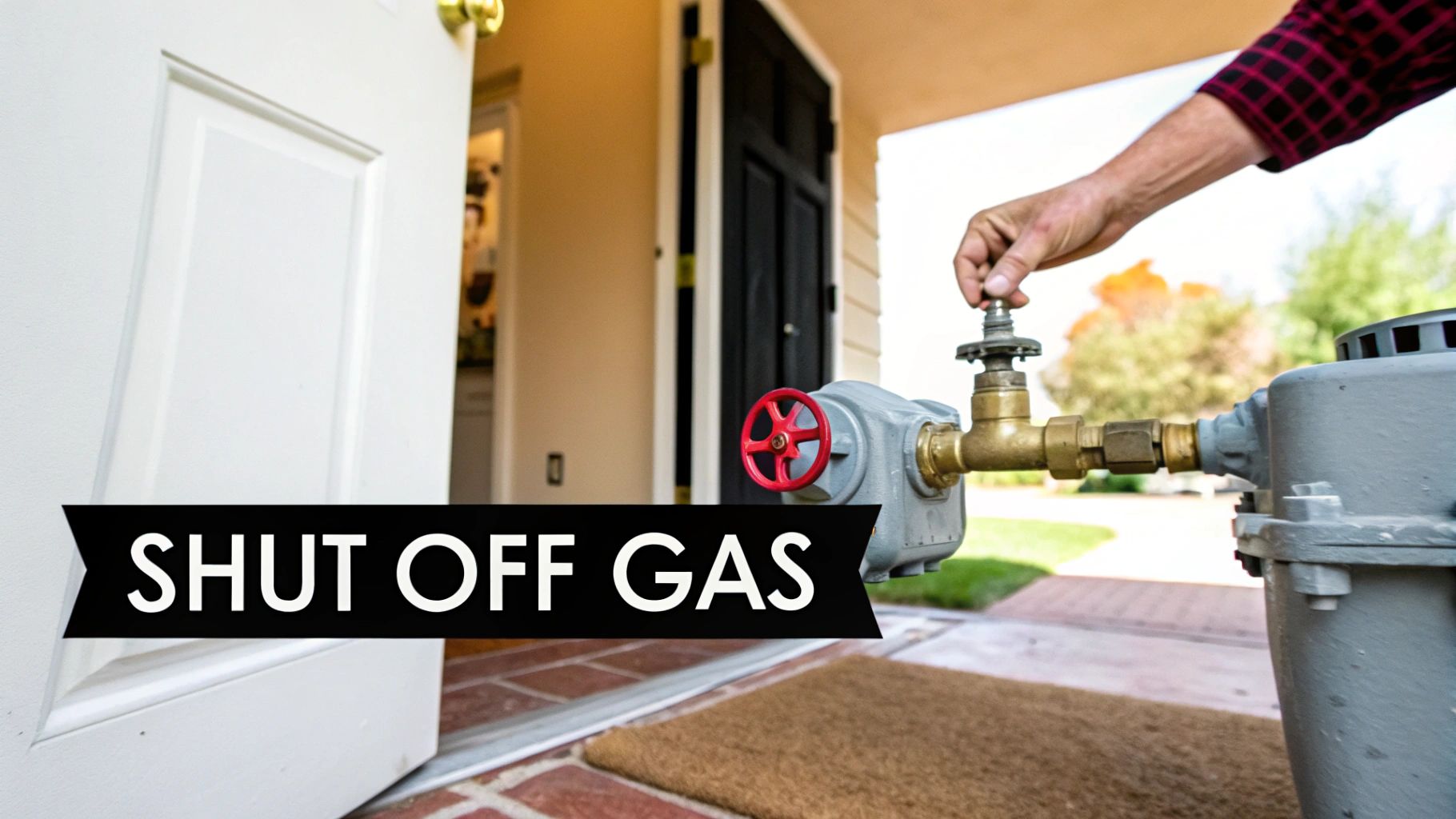A person's hand turning a shut-off valve on a natural gas meter outside a residential home.