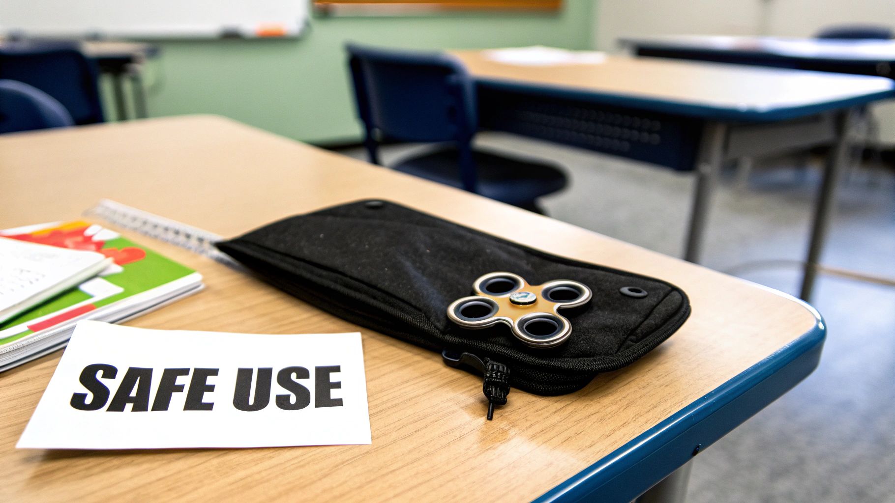 A metal fidget spinner rests on a black pencil case with a 'SAFE USE' sign on a classroom desk.