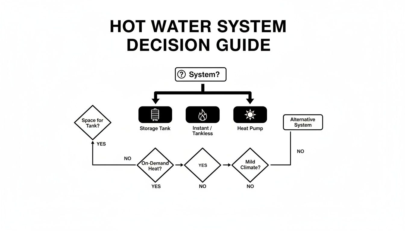 A flowchart decision guide for selecting hot water systems based on space, heat demand, and climate.