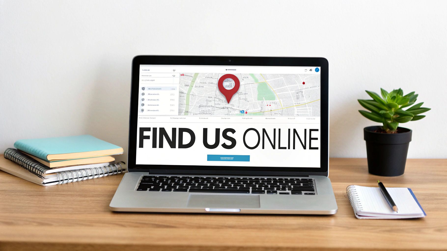 A laptop on a wooden desk displaying a map with a location pin and 'FIND US ONLINE' text, surrounded by office supplies.