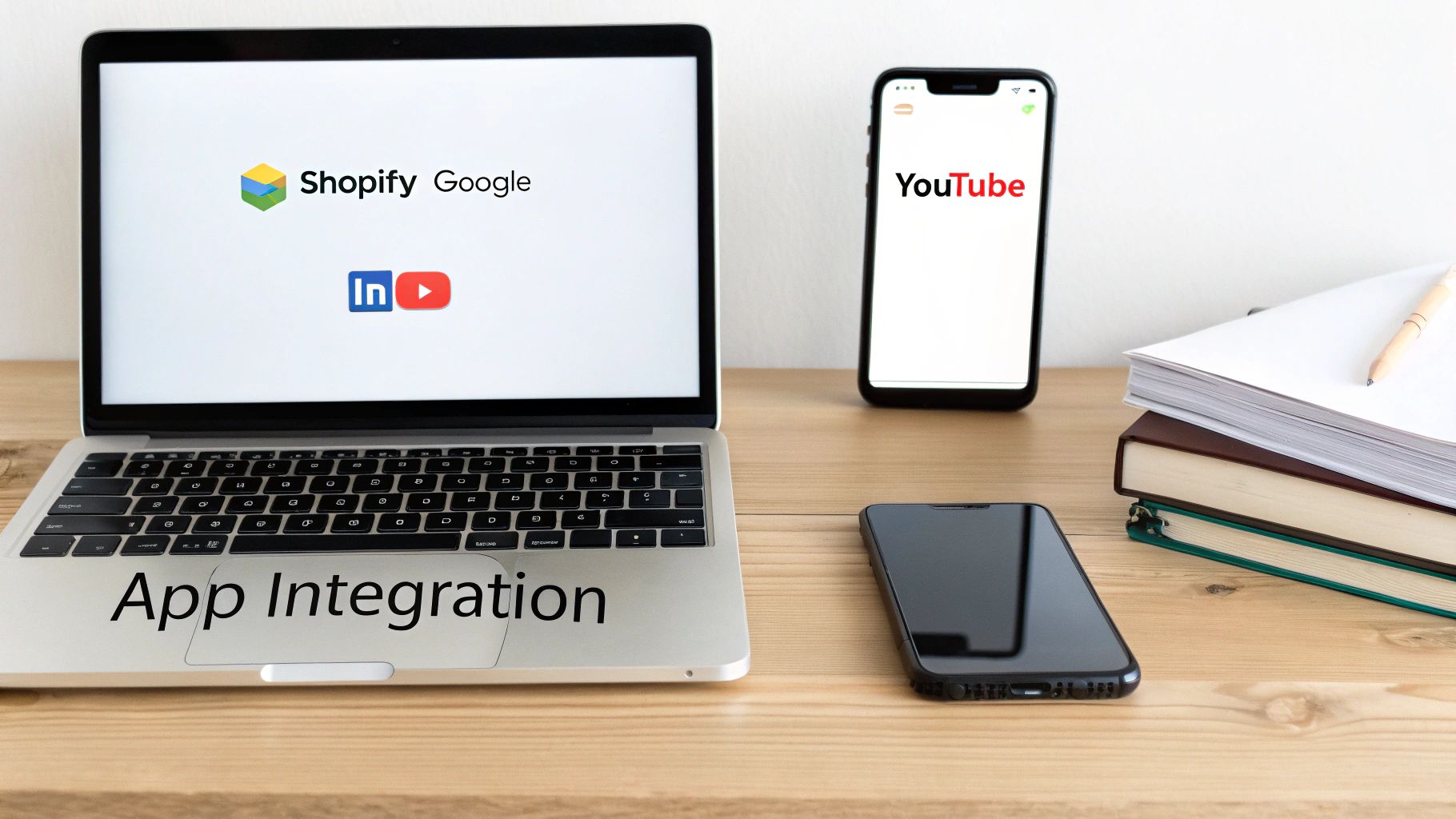 Laptop displaying app integration of Shopify, Google, LinkedIn, and YouTube, alongside smartphones and books.