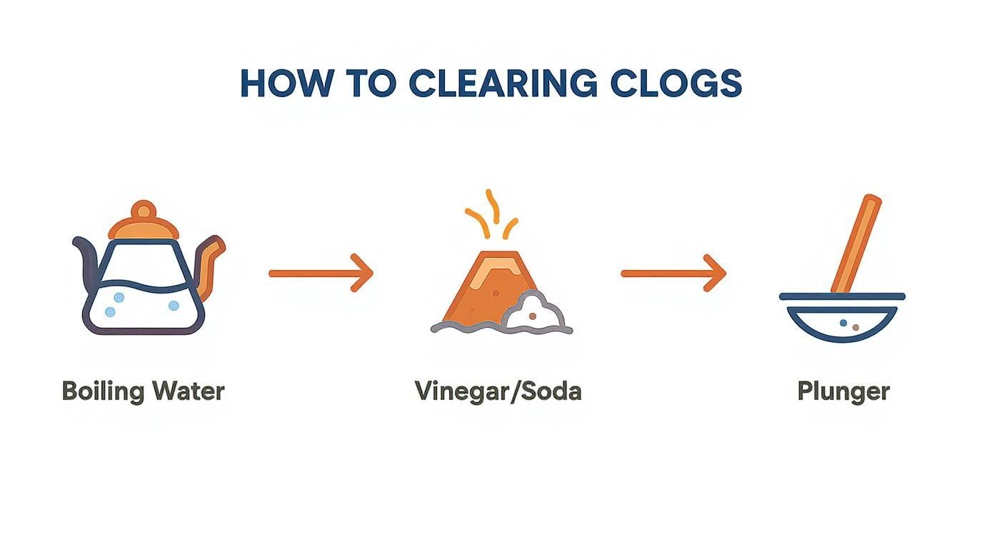 An infographic detailing three steps to clear clogs: boiling water, vinegar/soda mixture, and a plunger.