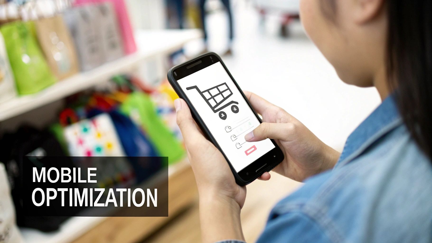 A person uses a smartphone in a store, displaying a shopping cart for mobile optimization and online purchases.