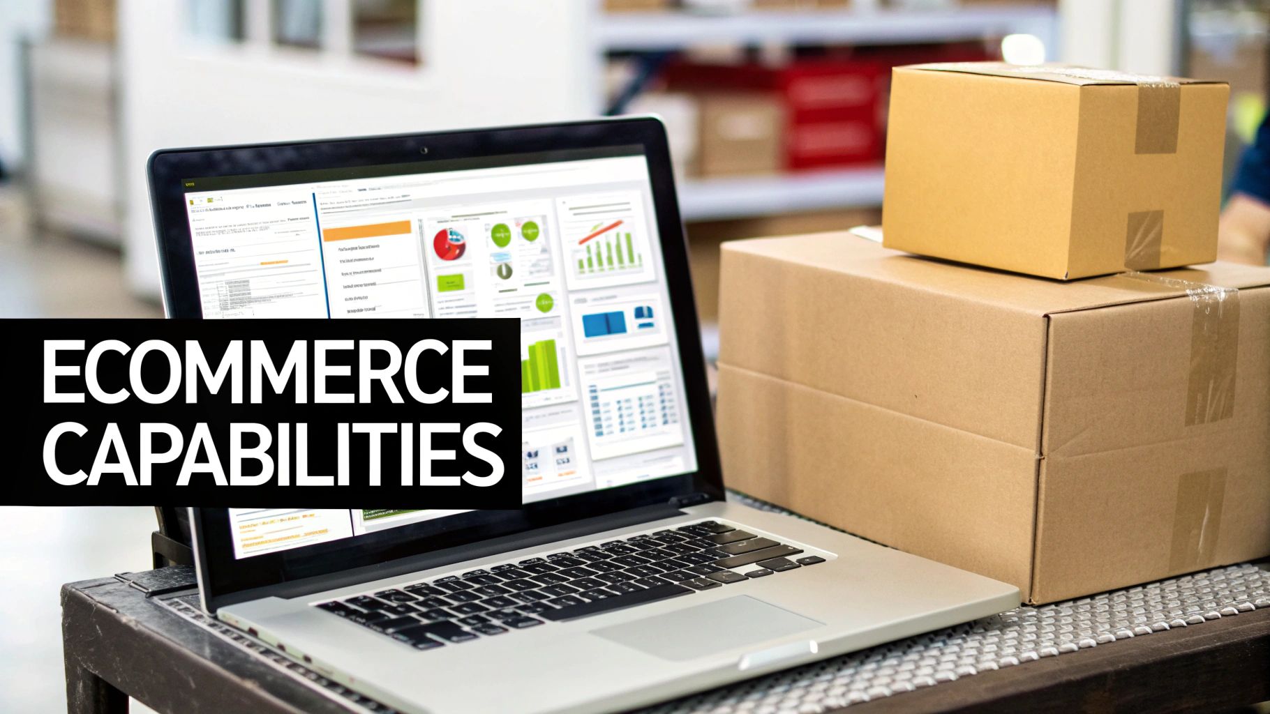 Laptop displaying e-commerce analytics charts next to two cardboard shipping boxes in a warehouse setting.