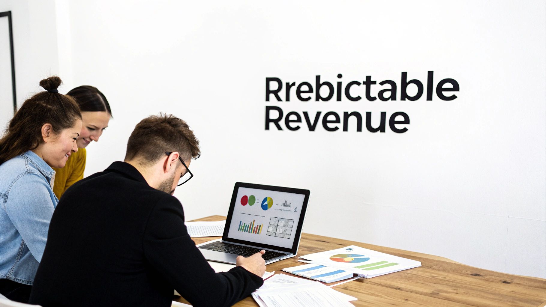 Three colleagues collaborating and reviewing business data on a laptop during a team meeting.