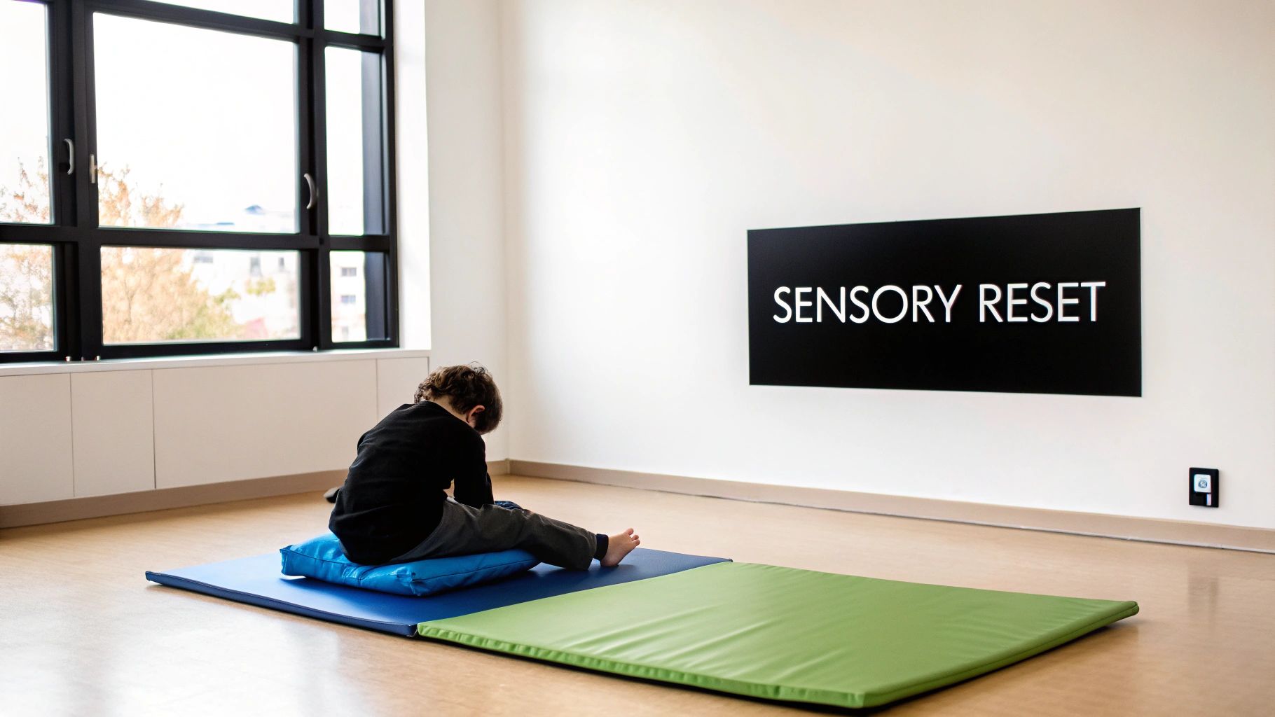 A child sits on blue and green mats, facing a 'SENSORY RESET' sign in a bright room.