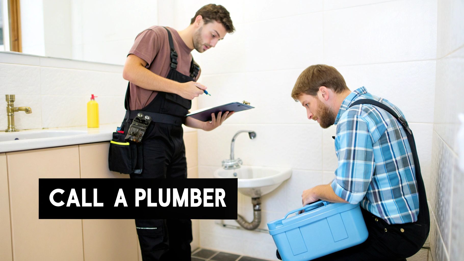 Two professional plumbers in a bathroom, one taking notes on a clipboard, the other with a toolbox.