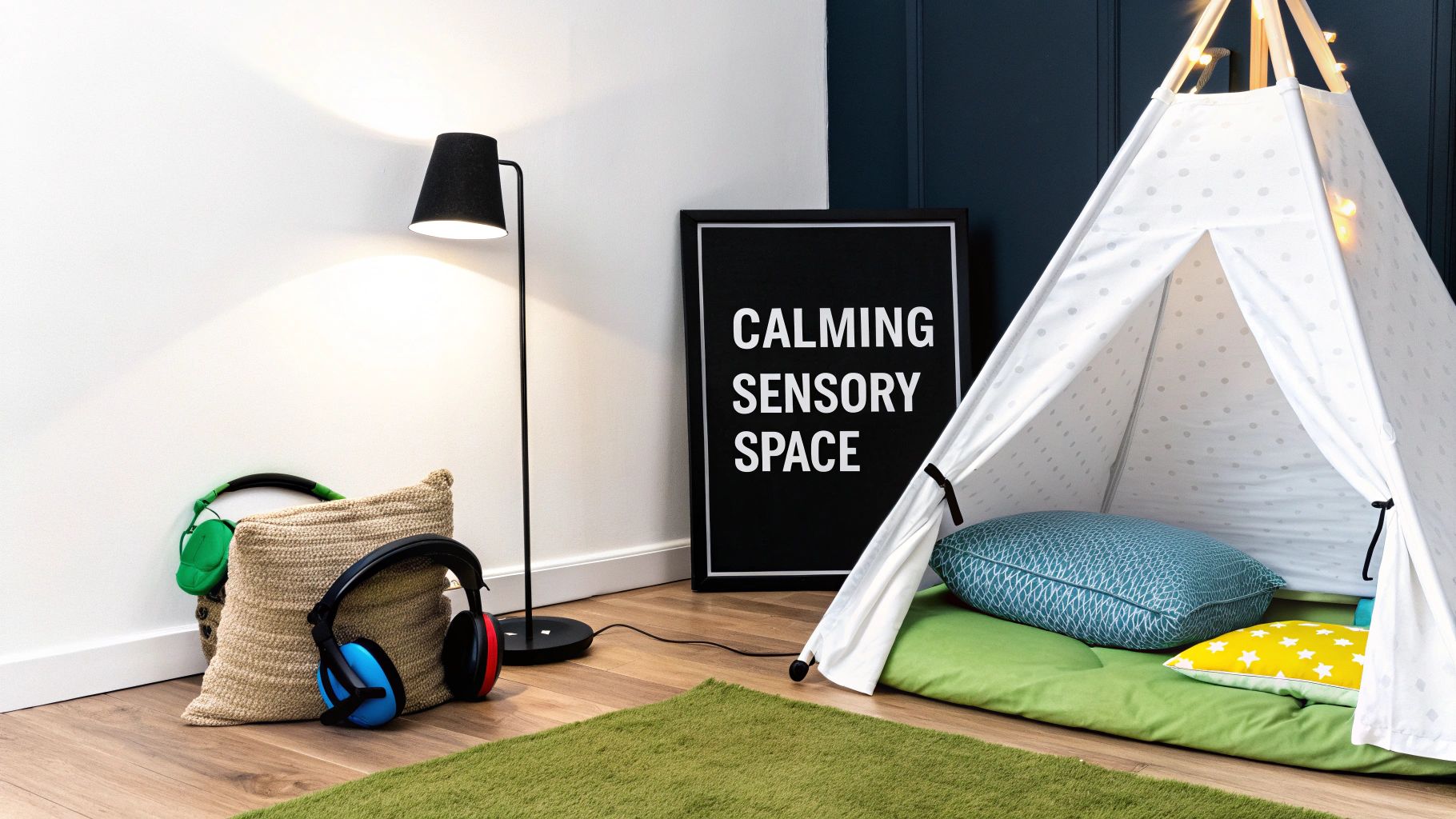 A cozy, calming sensory space featuring a teepee, soft cushions, and noise-cancelling headphones for relaxation.