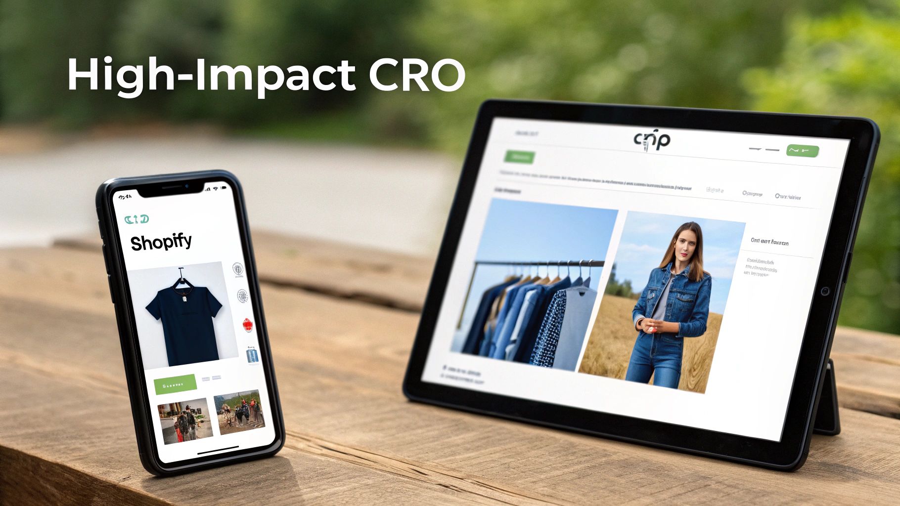 Smartphone and tablet on a wooden table, displaying e-commerce content and 'High-Impact CRO' text.