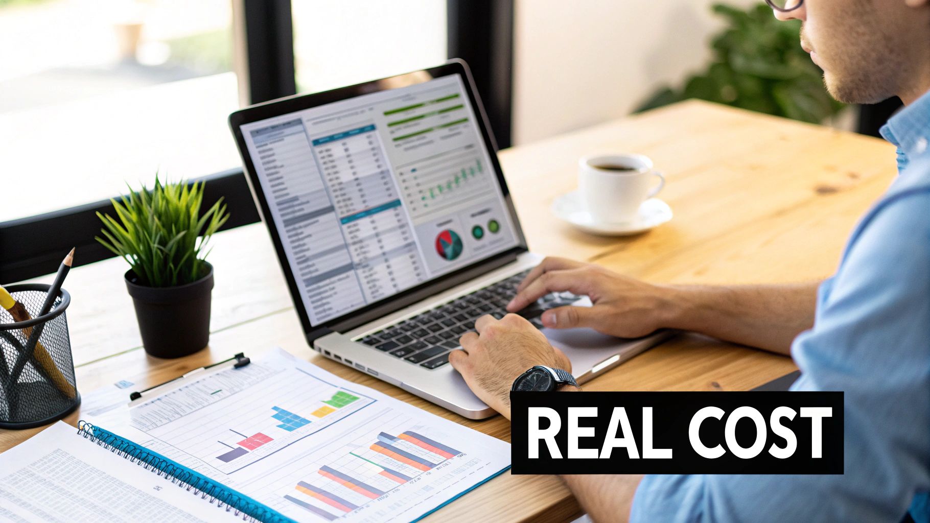 Person working on financial data on a laptop, with graphs and documents, calculating real cost.