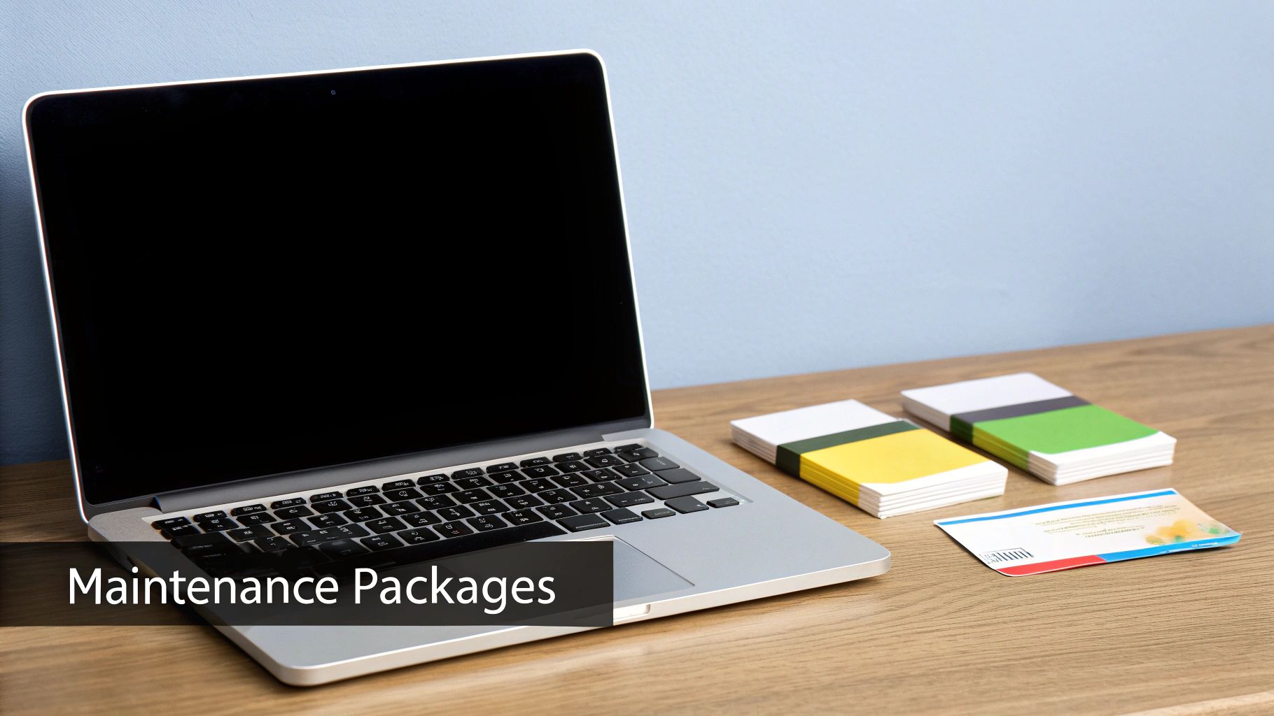 A silver laptop with a blank screen, two stacks of cards, and a brochure on a wooden desk.