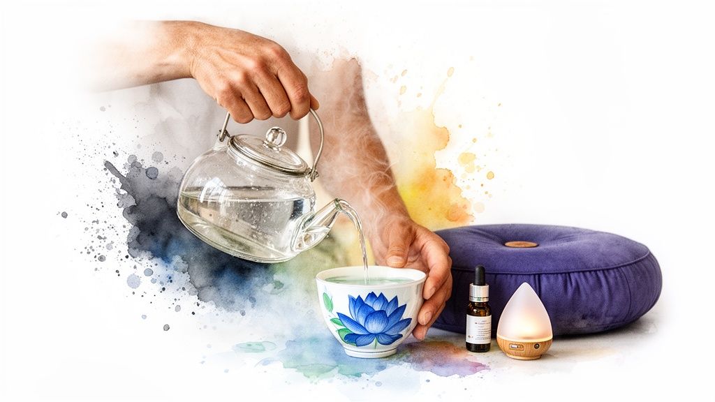 Person pouring hot water into a blue lotus flower tea cup with essential oil and diffuser.