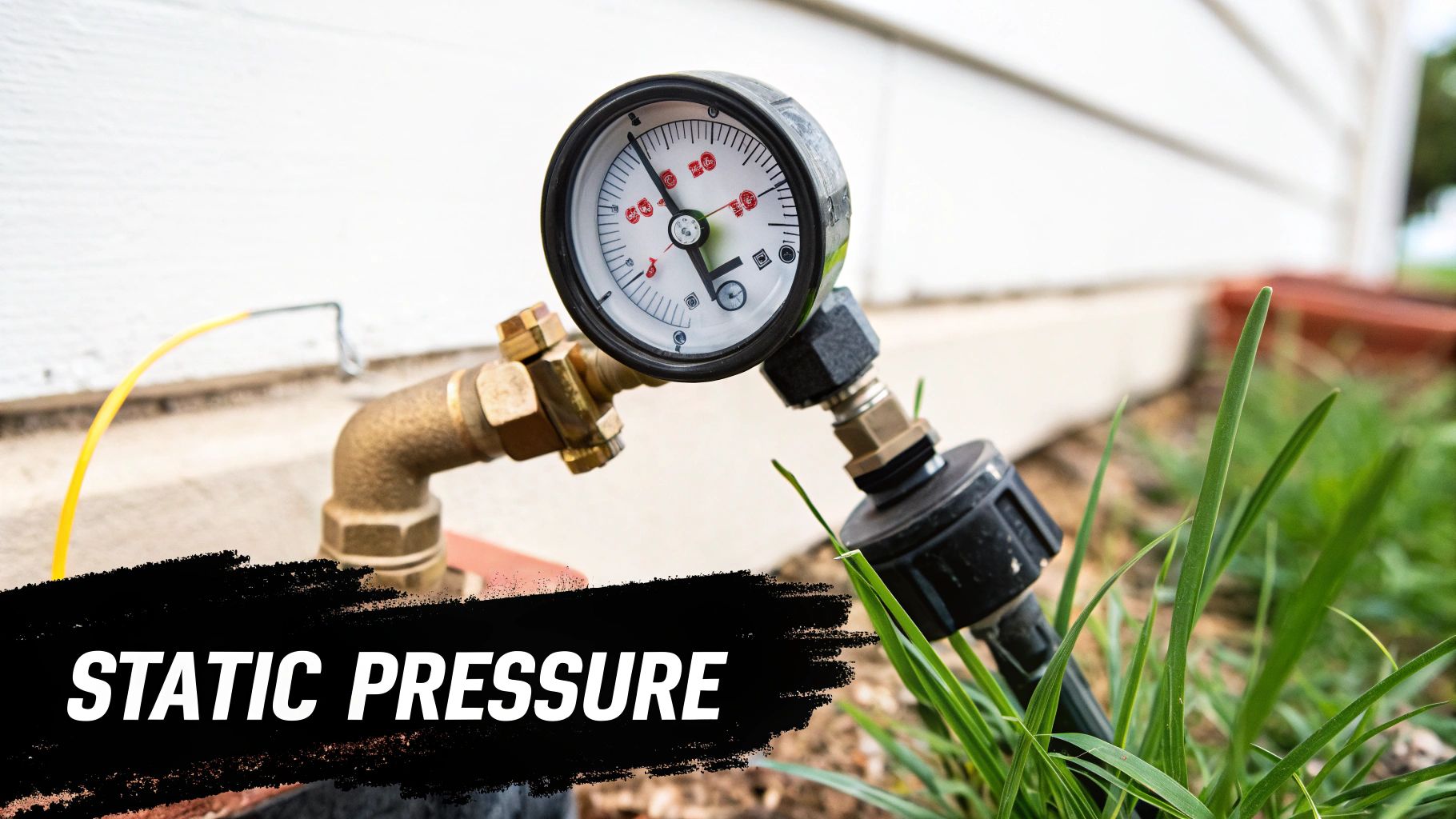 A close-up of a water pressure gauge connected to a brass pipe by a house foundation.