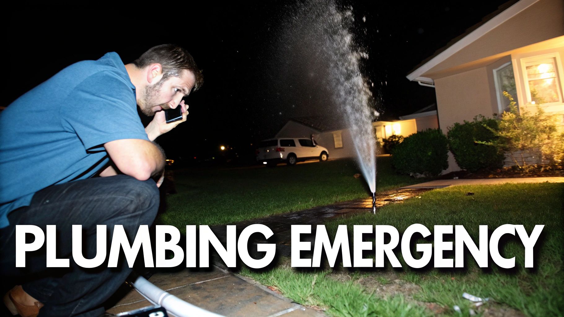A man calls on his phone at night next to a gushing water leak from a broken sprinkler.