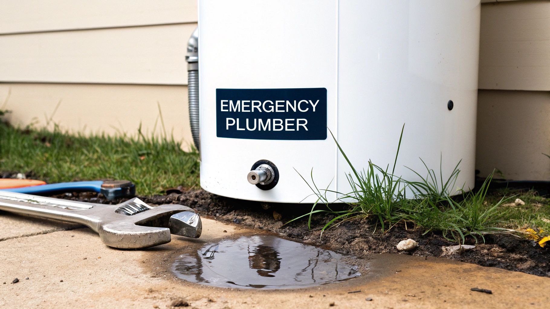 A leaking water heater with an 'Emergency Plumber' sign, a puddle of water, and a wrench nearby.