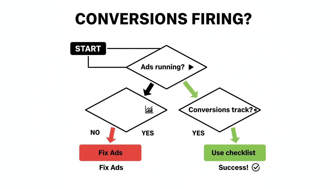Flowchart illustrating steps to diagnose conversion tracking for ads, including checking ad status and tracking.