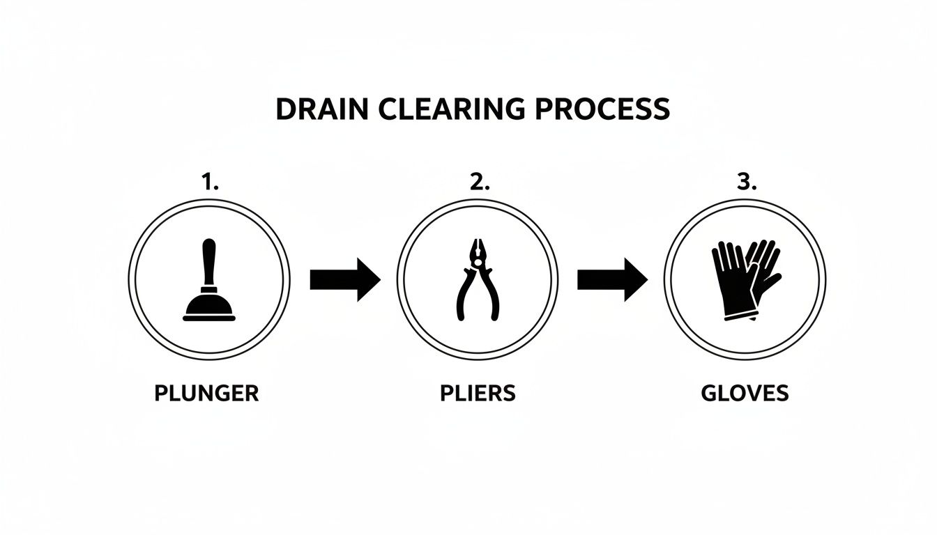 A three-step diagram illustrating the drain clearing process with a plunger, pliers, and gloves.
