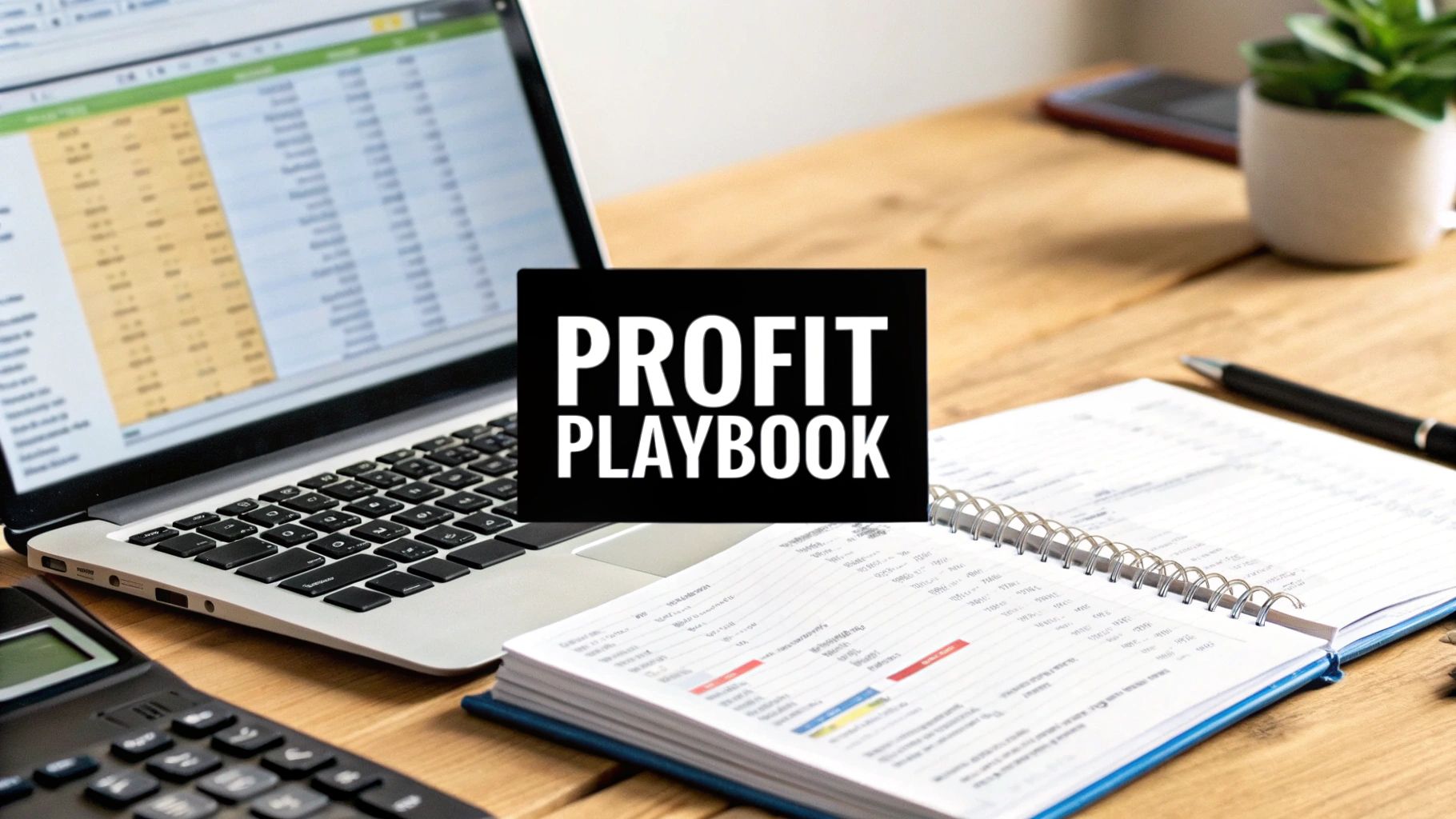 A desk with a laptop, calculator, notebook, and a "PROFIT PLAYBOOK" sign, representing business strategy.