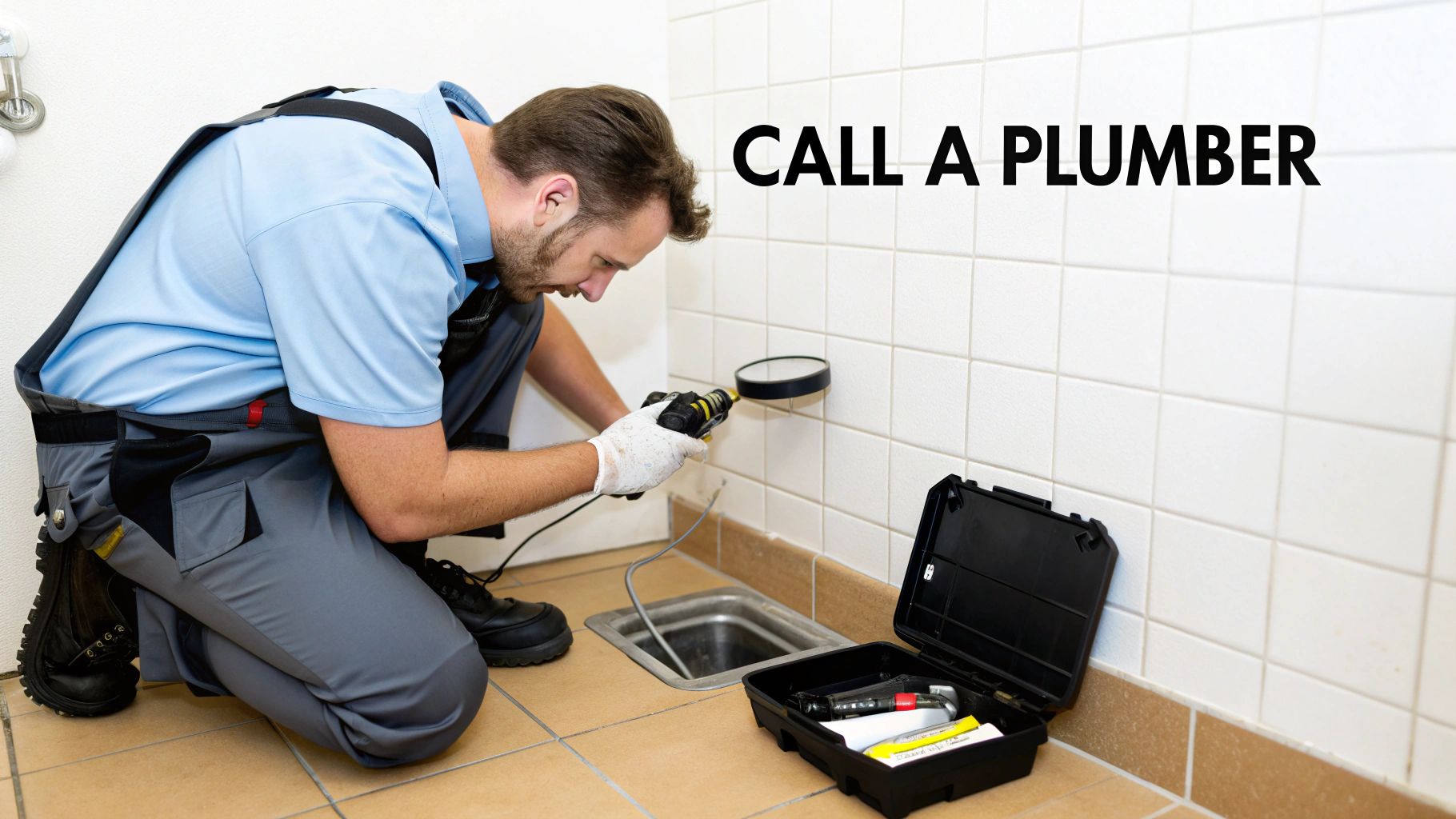 A plumber in blue and grey overalls uses a drain inspection camera to check a blocked sink.