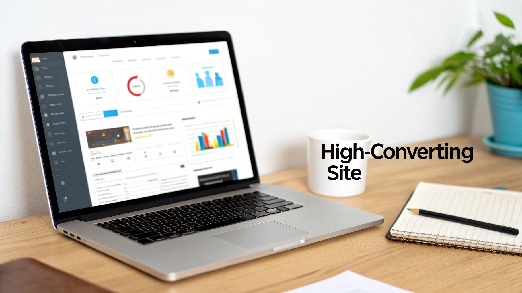 A laptop on a wooden desk displays a 'High-Converting Site' dashboard with charts, next to a mug and notebook.