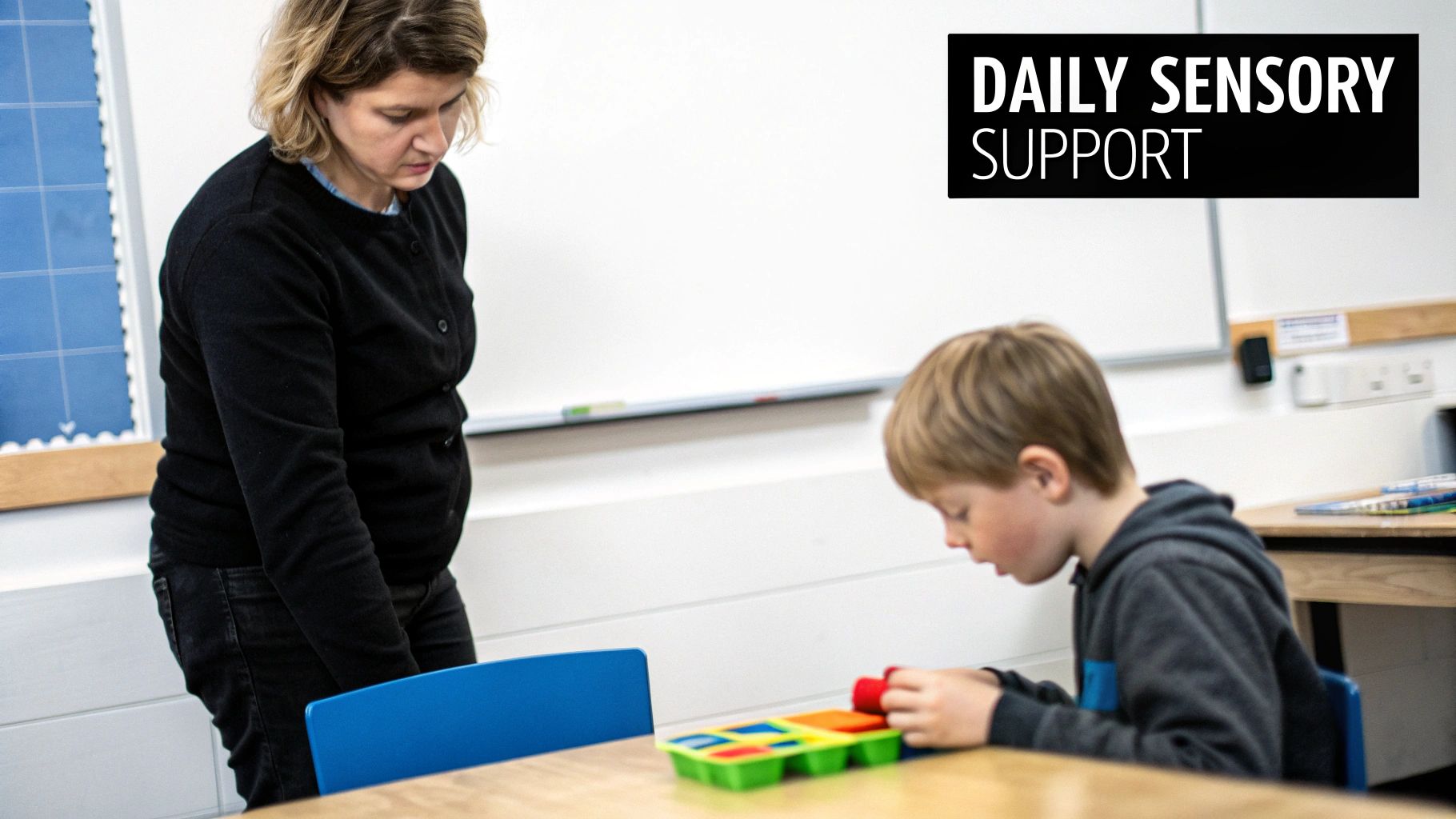 An adult assists a child focused on a colorful sensory fidget toy at a school desk.