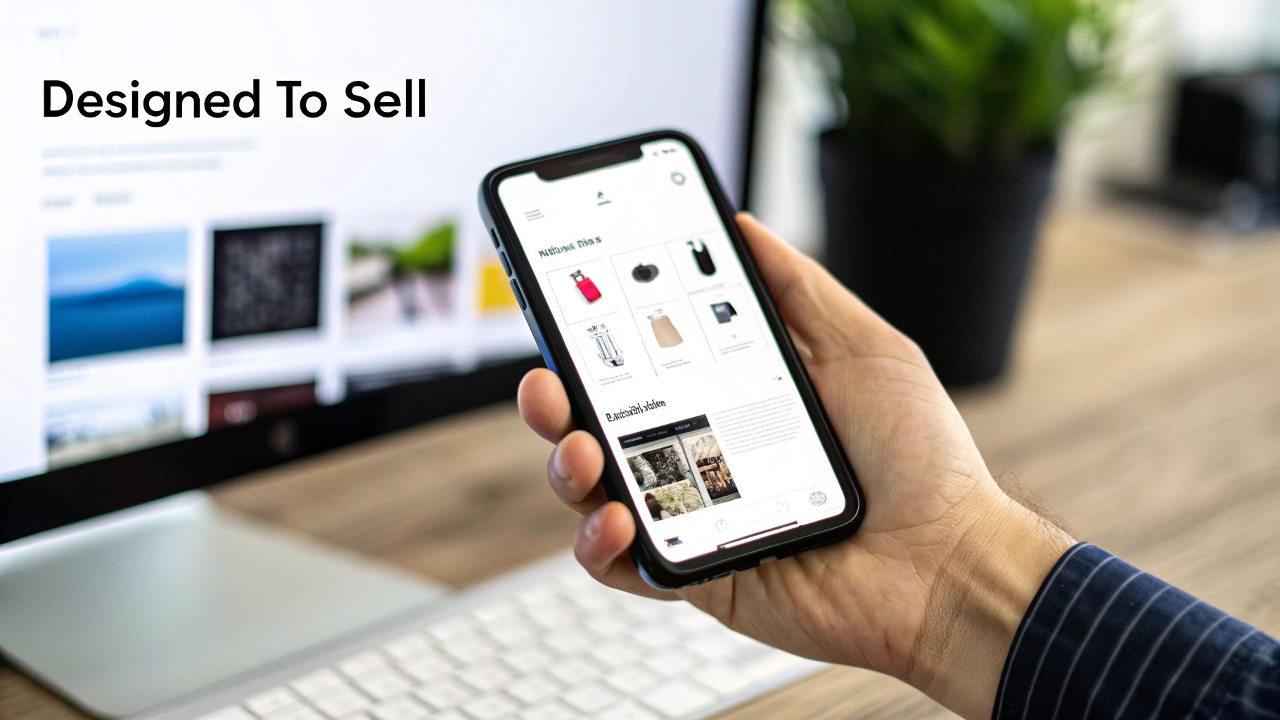 A hand holds a smartphone displaying an e-commerce app, with a computer monitor and keyboard in the background.