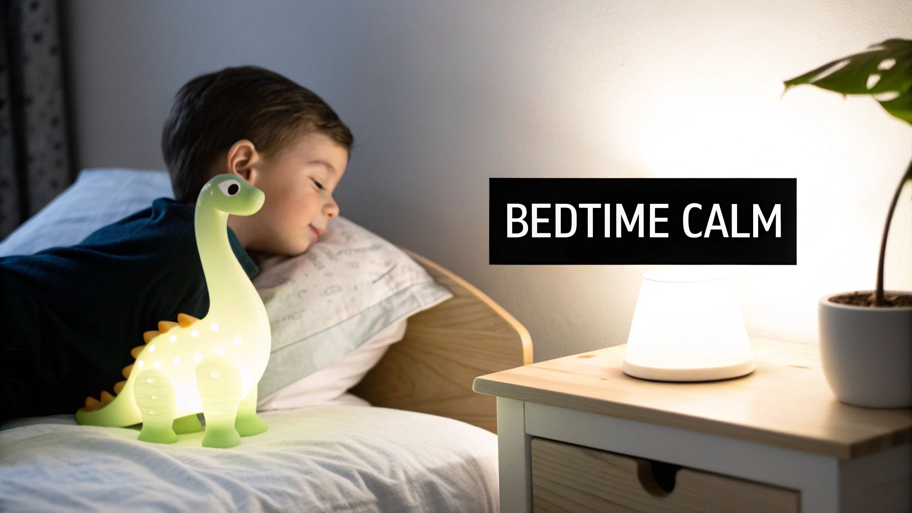 A young child sleeps peacefully in bed, illuminated by a glowing green dinosaur night light.