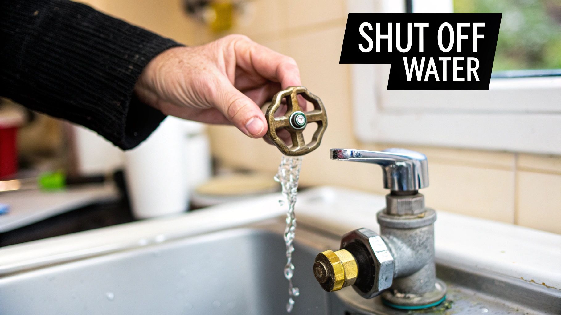 A person's hand holds a valve while water leaks from a kitchen tap, with "SHUT OFF WATER" text.