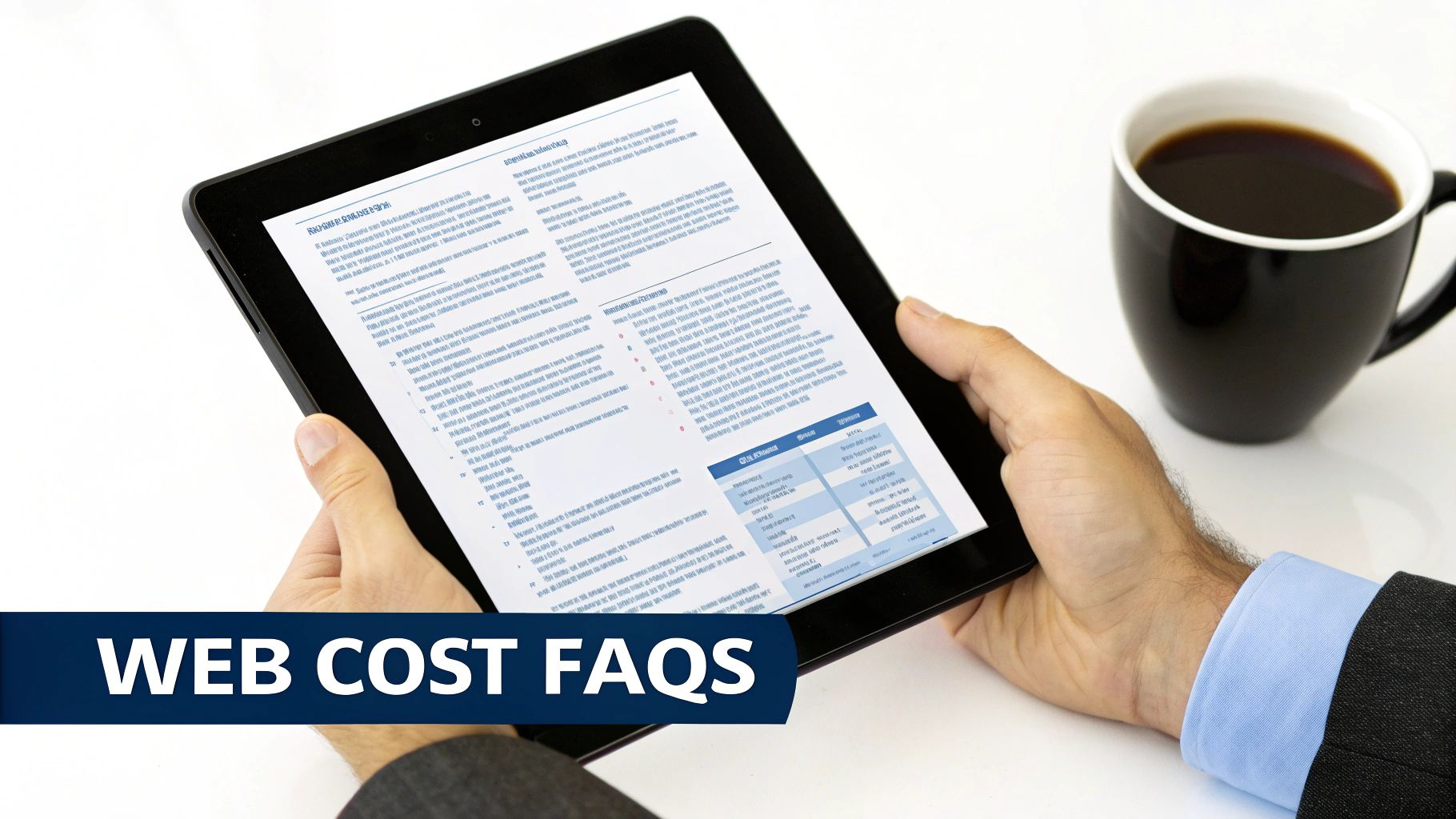 Hands hold a tablet displaying a document titled 'WEB COST FAQS' next to a black coffee mug.