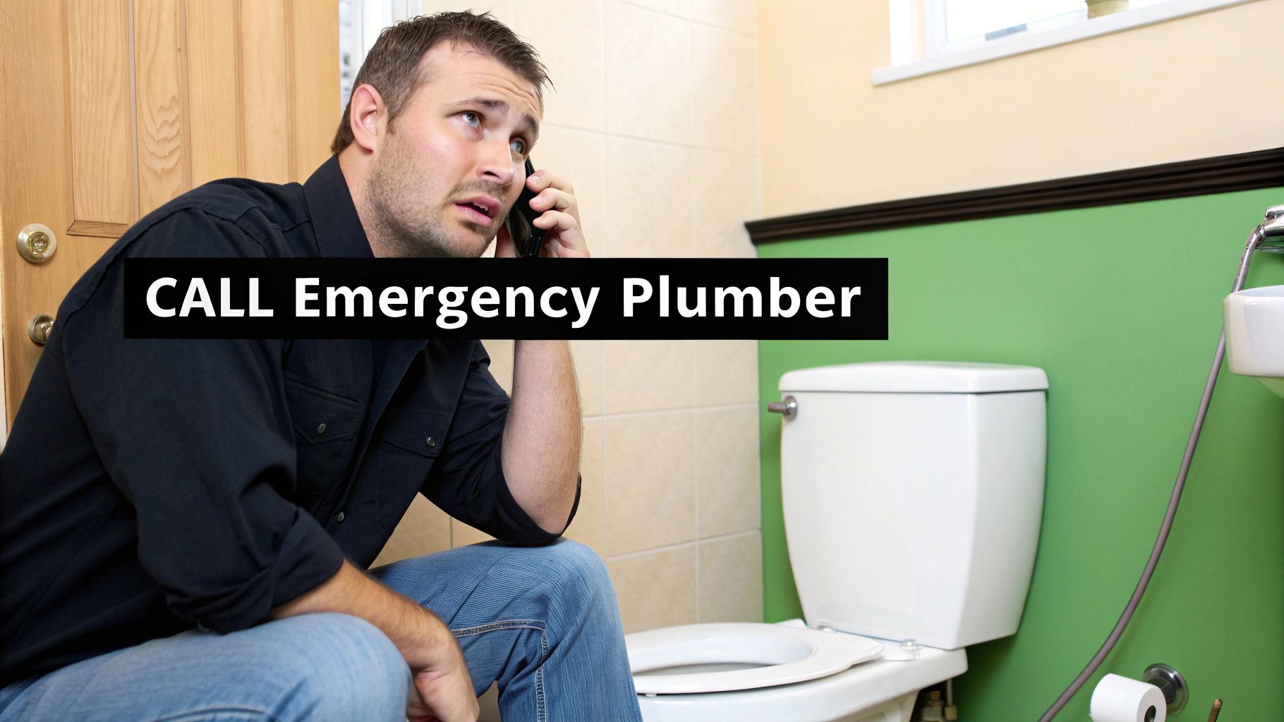 A concerned man in a bathroom talking on his phone, with a toilet visible, likely calling an emergency plumber.