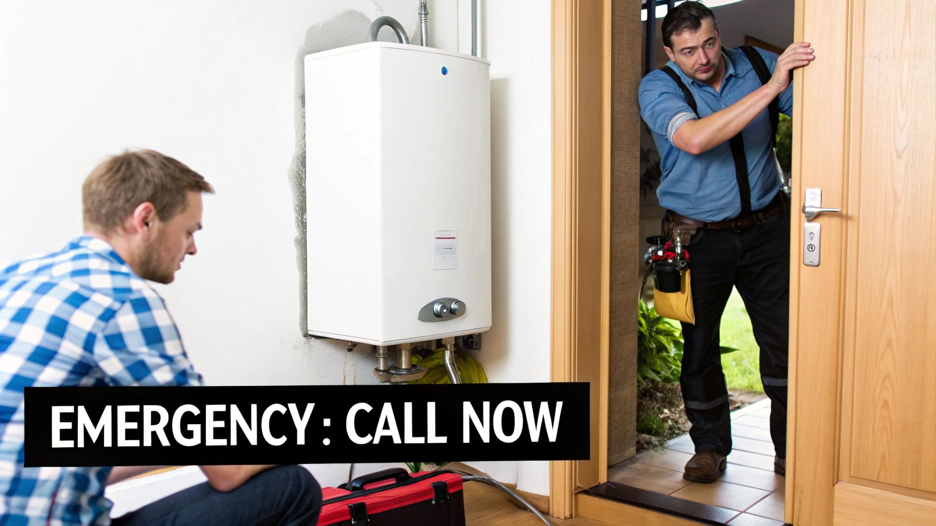 Plumber arriving to fix a water heater issue, with a homeowner and tools, stressing emergency service.